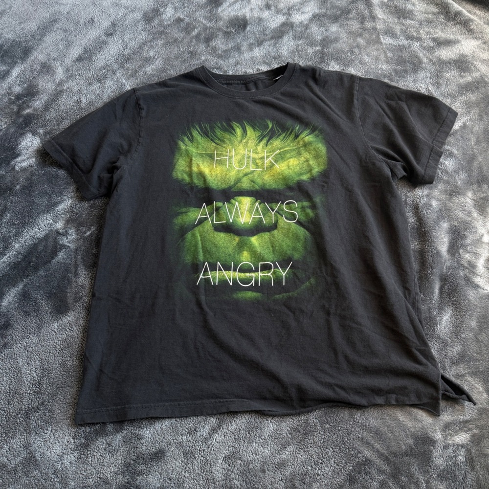 Y2K Rare Marvel Hulk Always Angry Graphic T-Shirt Mens 2XLT Black MCU Tee